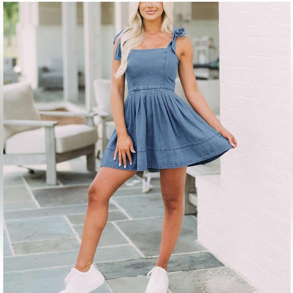 NWT Tie Straps Denim Skater Dress - Picture 2 of 8